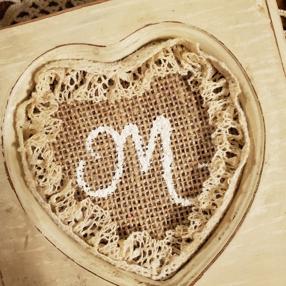 Burlap & Lace Heart "M" Jewelry Box
